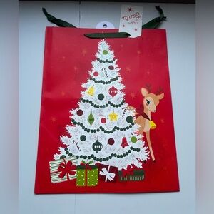 Red Christmas Gift Bag with Tree and Reindeer